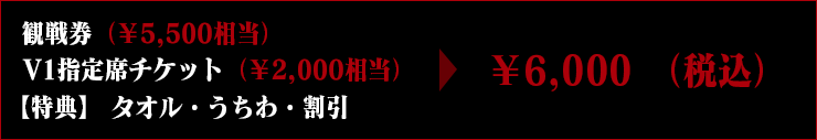 観戦券（￥5,500相当）／V1指定席チケット　（￥2,000相当）／【特典】 タオル・うちわ・割引 ⇒ ￥6,000 （税込）